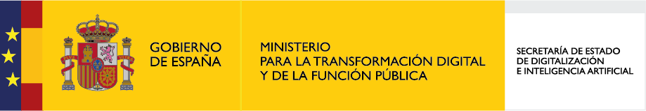 Logotipo del Gobierno de España, Ministerio para la Transformación Digital y de la Función Pública, y la Secretaría de Estado de Digitalización e Inteligencia Artificial, sobre fondo amarillo y azul.